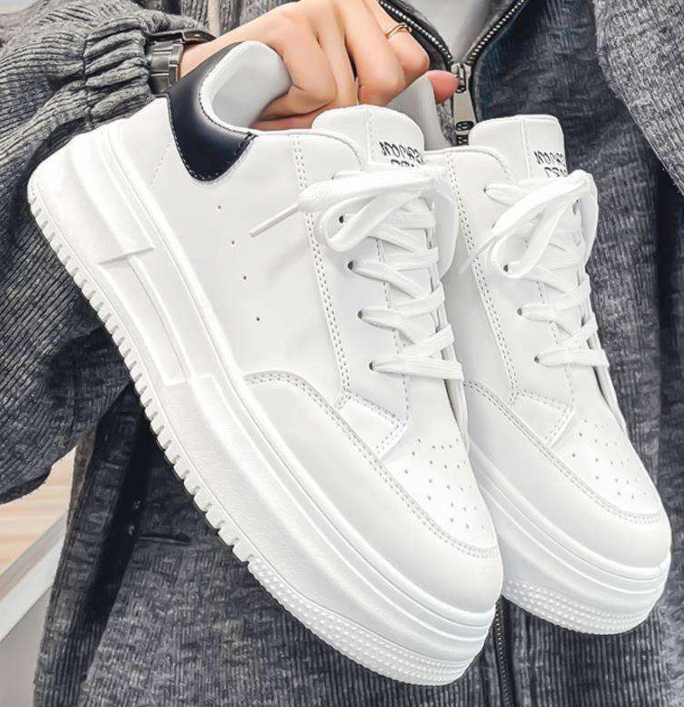 Men’s Korean-Style White Sneakers – Breathable Thick-Sole Casual Sports Shoes