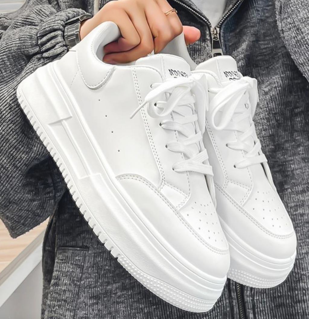 Men’s Korean-Style White Sneakers – Breathable Thick-Sole Casual Sports Shoes