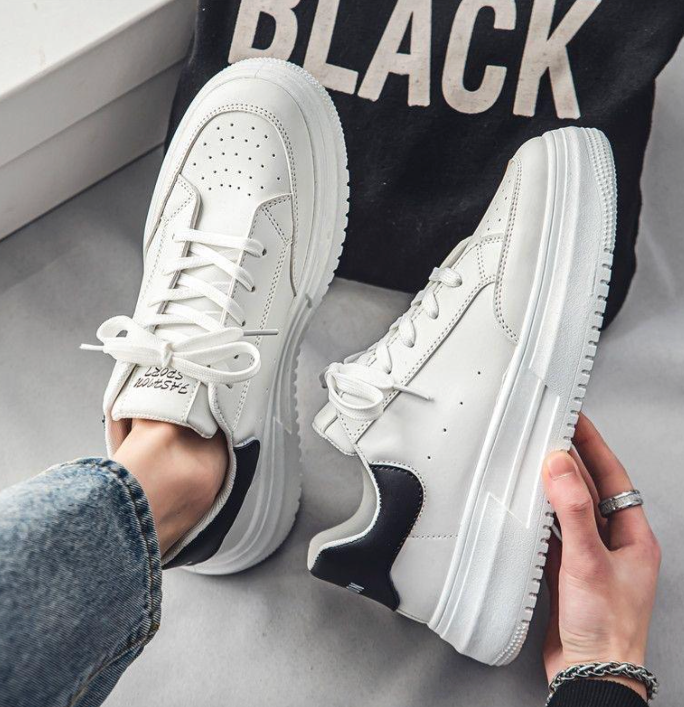 Men’s Korean-Style White Sneakers – Breathable Thick-Sole Casual Sports Shoes